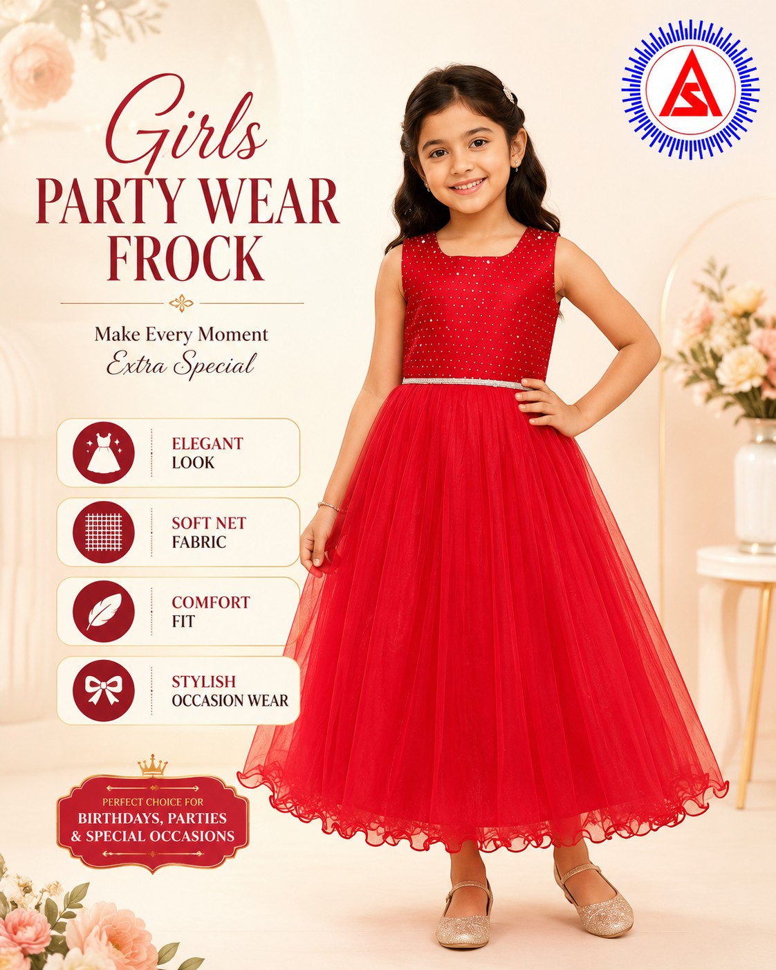 Girls red sleeved net long frock for school group dance