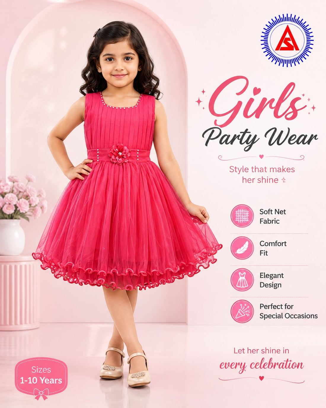 Girls Short Sleeve Party Wear Frock | Stylish Net Short Dress for Kids