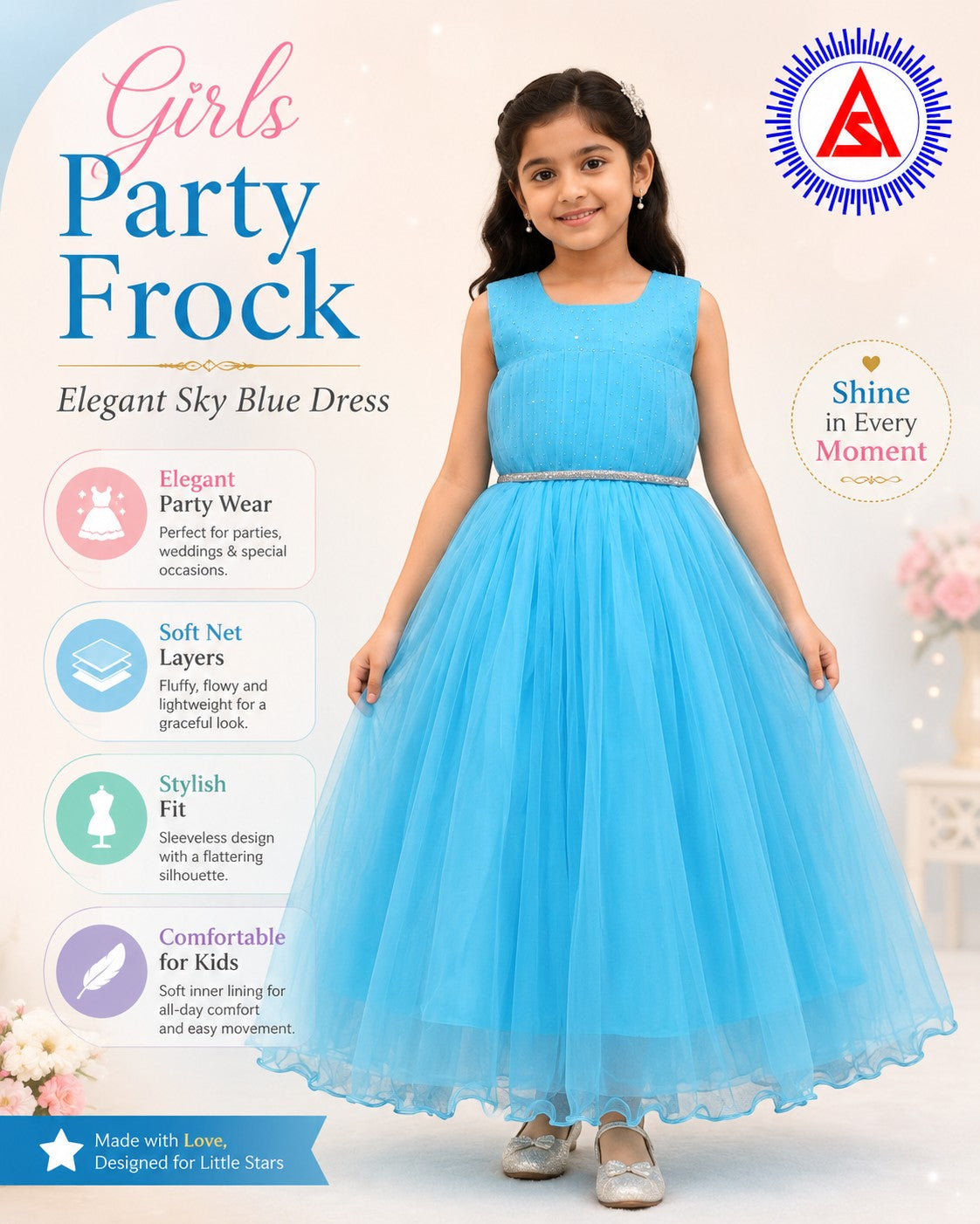 Girls sky blue full-sleeve net maxi frock for school annual function
