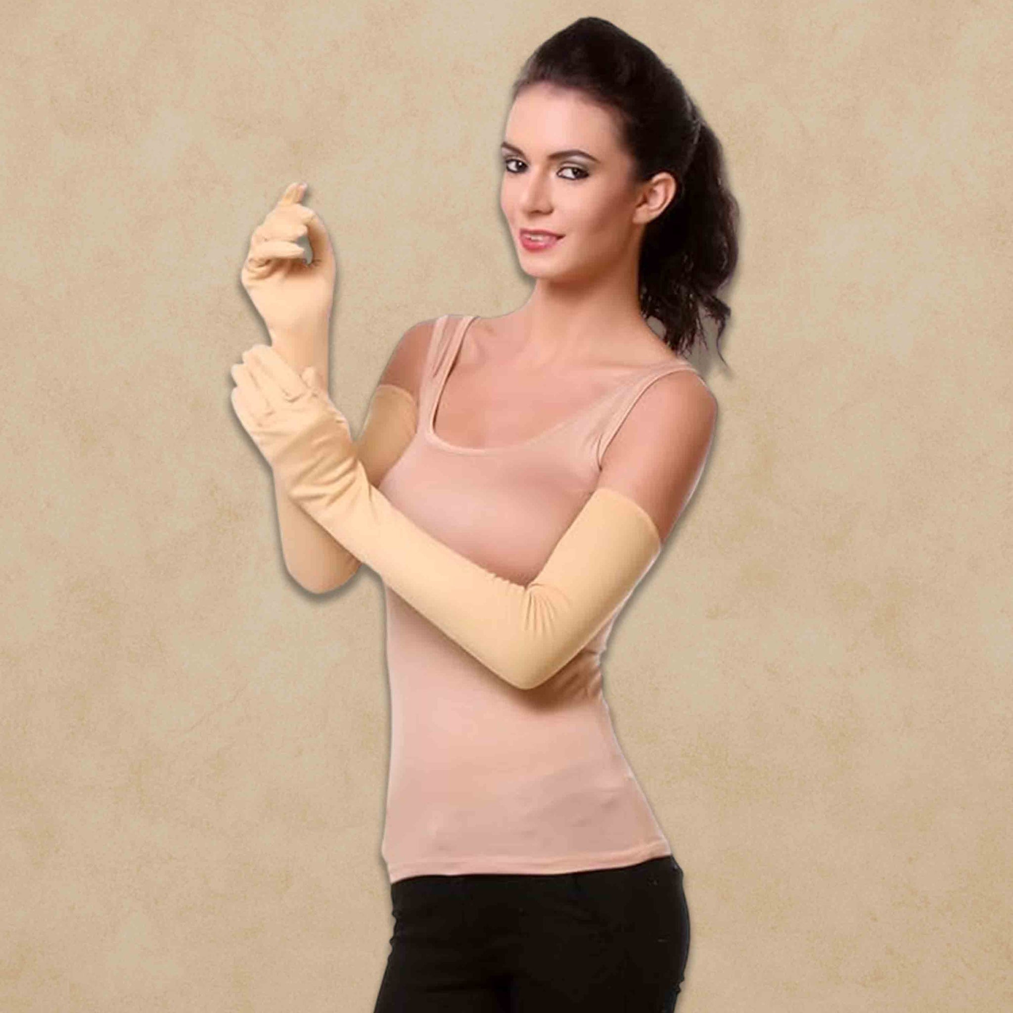Women's Cotton Arm Sleeves – UV Protection Full Hand Gloves for Pollution and Sun | Perfect for Biking, Driving, Dust, Summer & Outdoor Use - Beige