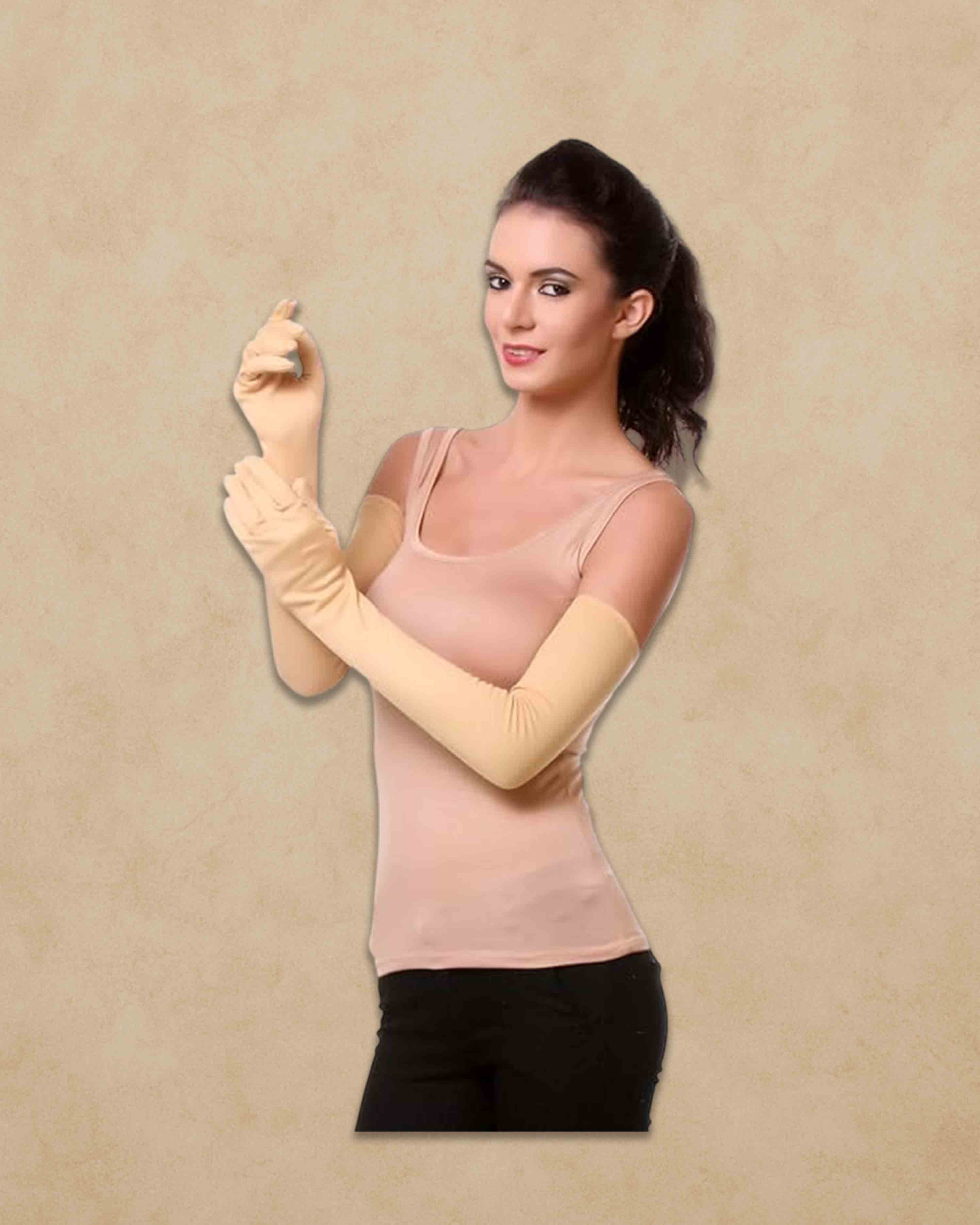 Women's Cotton Arm Sleeves – UV Protection Full Hand Gloves for Pollution and Sun | Perfect for Biking, Driving, Dust, Summer & Outdoor Use - Beige