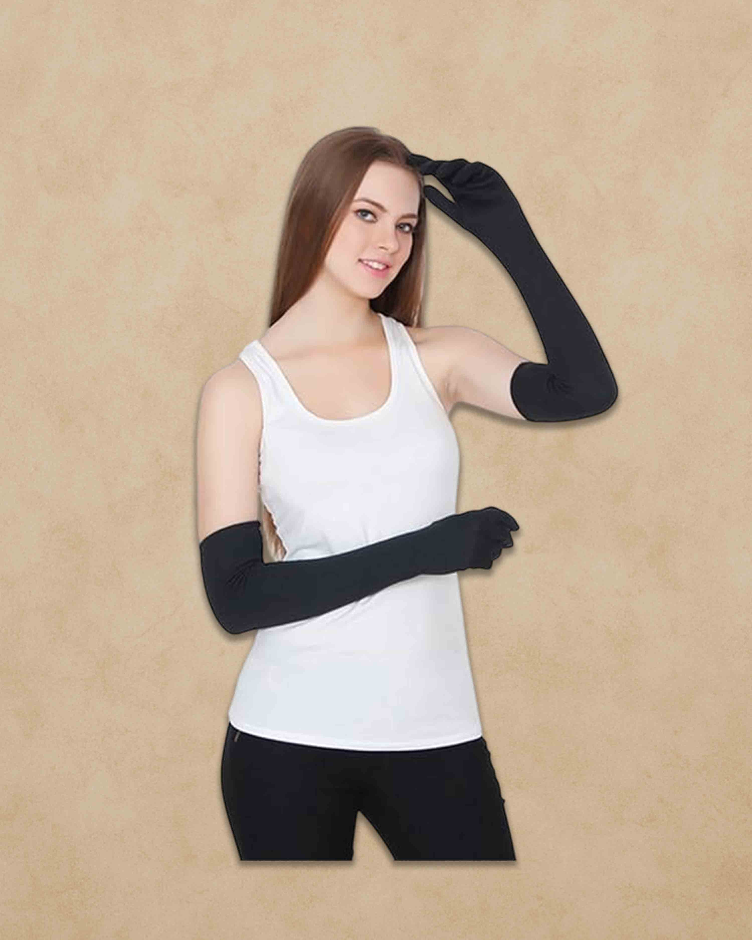 Women's Cotton Arm Sleeves – UV Protection Full Hand Gloves for Pollution and Sun | Perfect for Biking, Driving, Dust, Summer & Outdoor Use - black