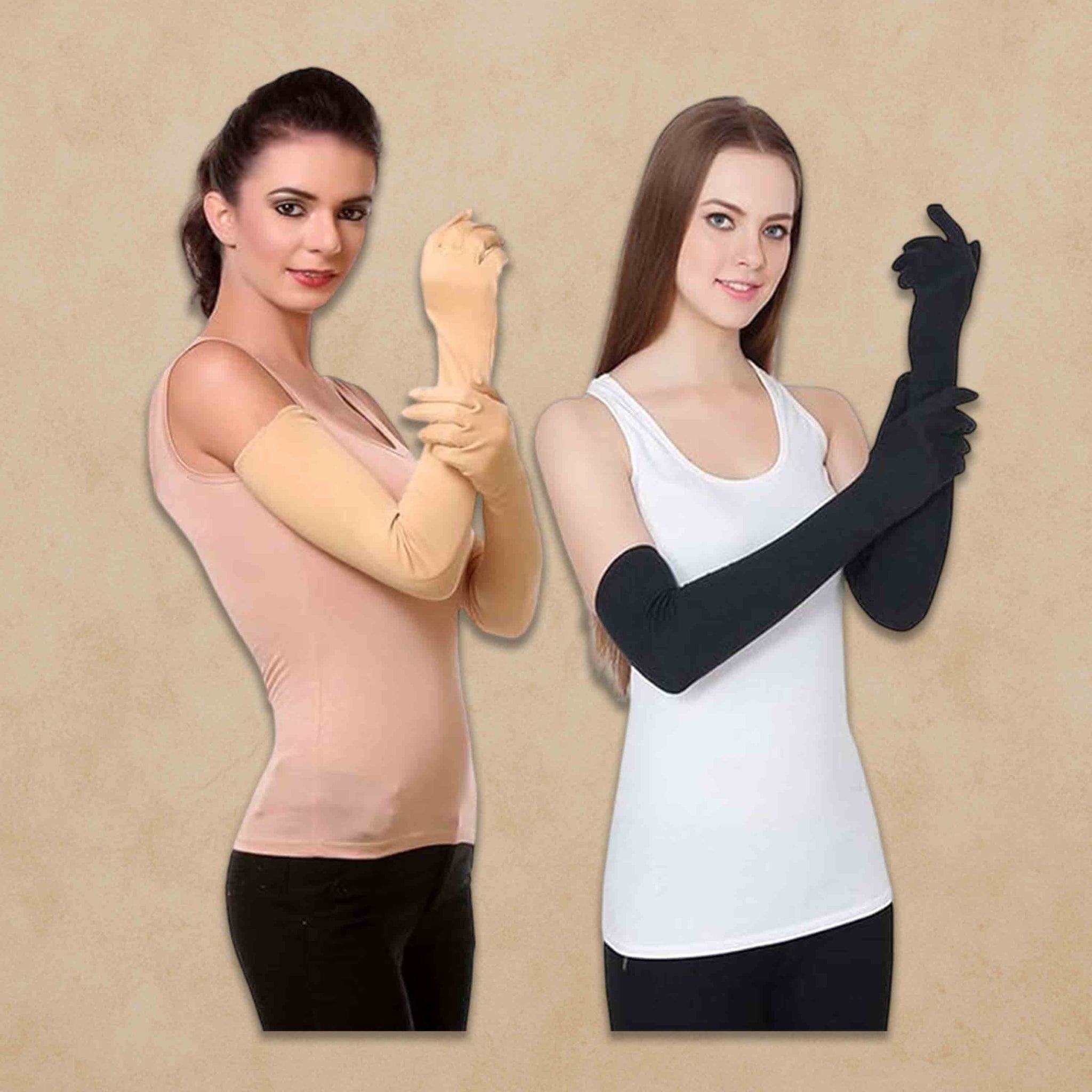 Women's Cotton Arm Sleeves – UV Protection Full Hand Gloves for Pollution and Sun | Perfect for Biking, Driving, Dust, Summer & Outdoor Use - Black & white