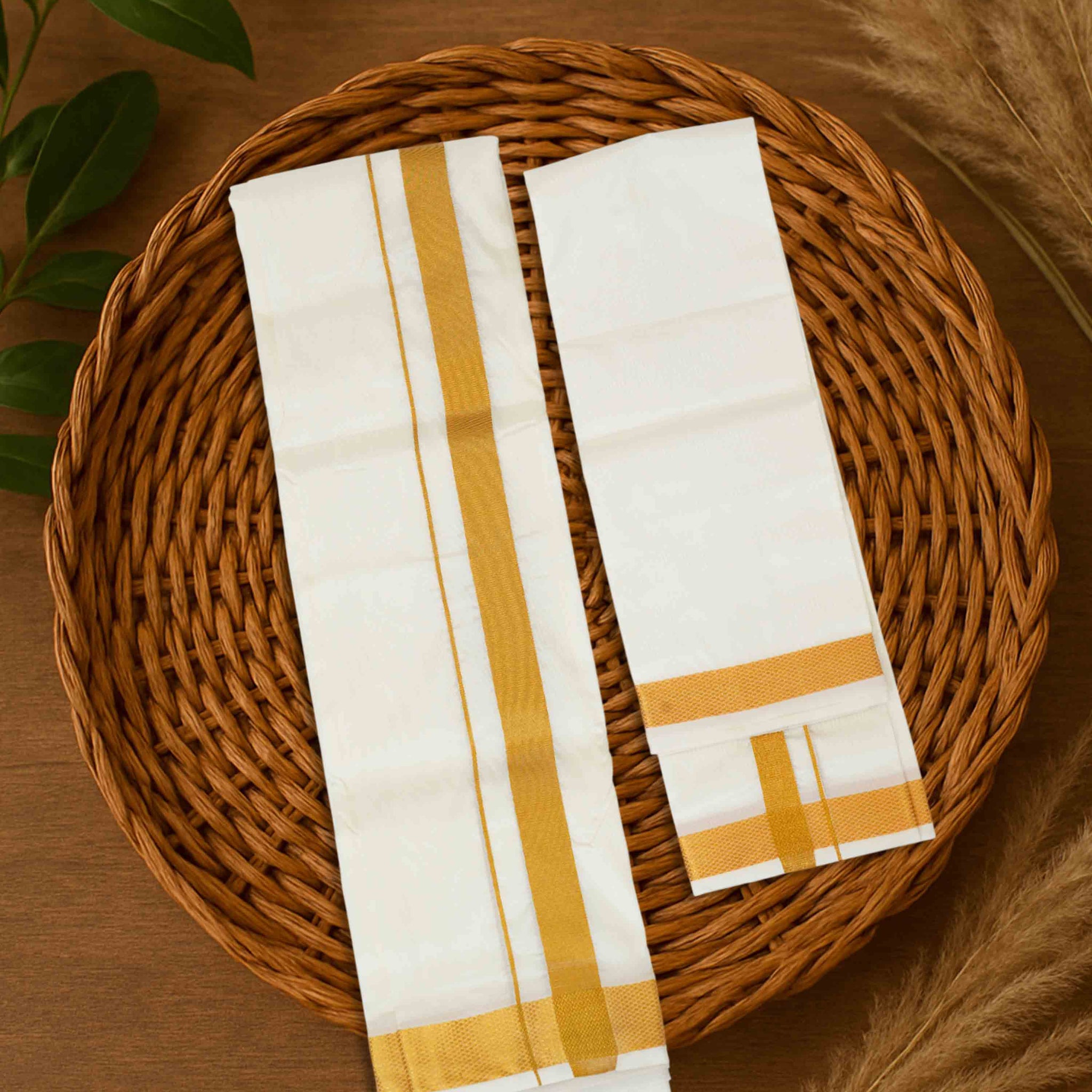 Men Cream with 3/4'' inch Gold Jari Border Double Layer Dhoti & Towel Set Iswaryam