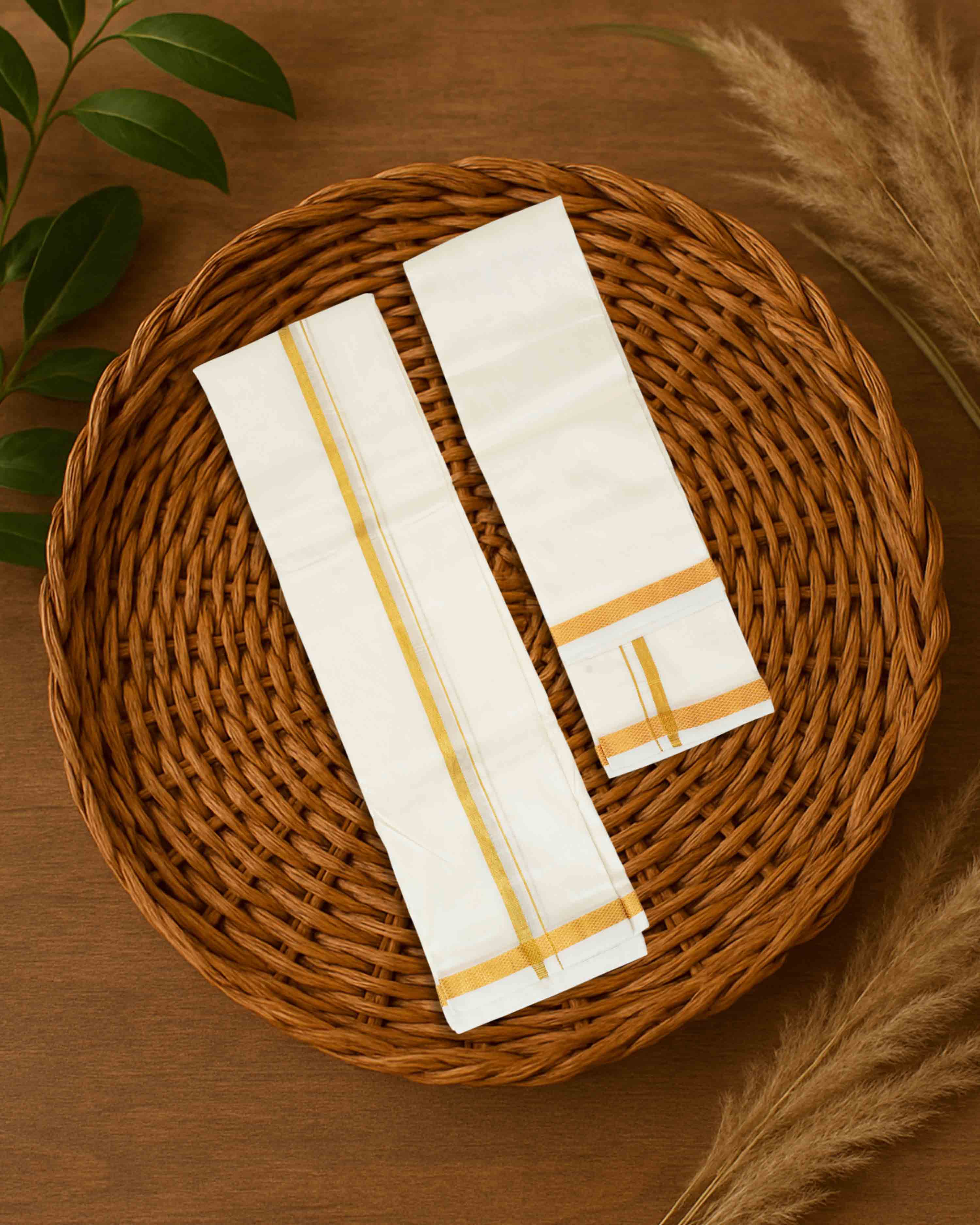 Men Cream with 3/4'' inch Gold Jari Border Double Layer Dhoti & Towel Set Iswaryam