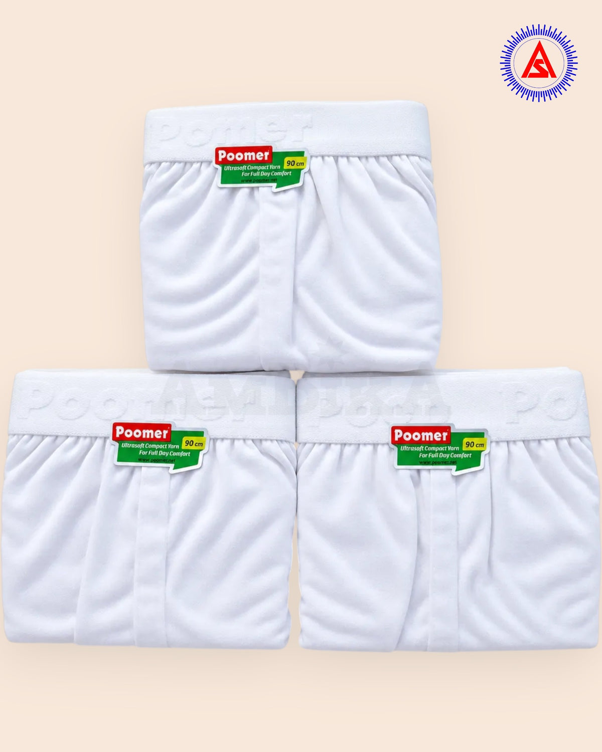 Three folded Poomer white Franco briefs