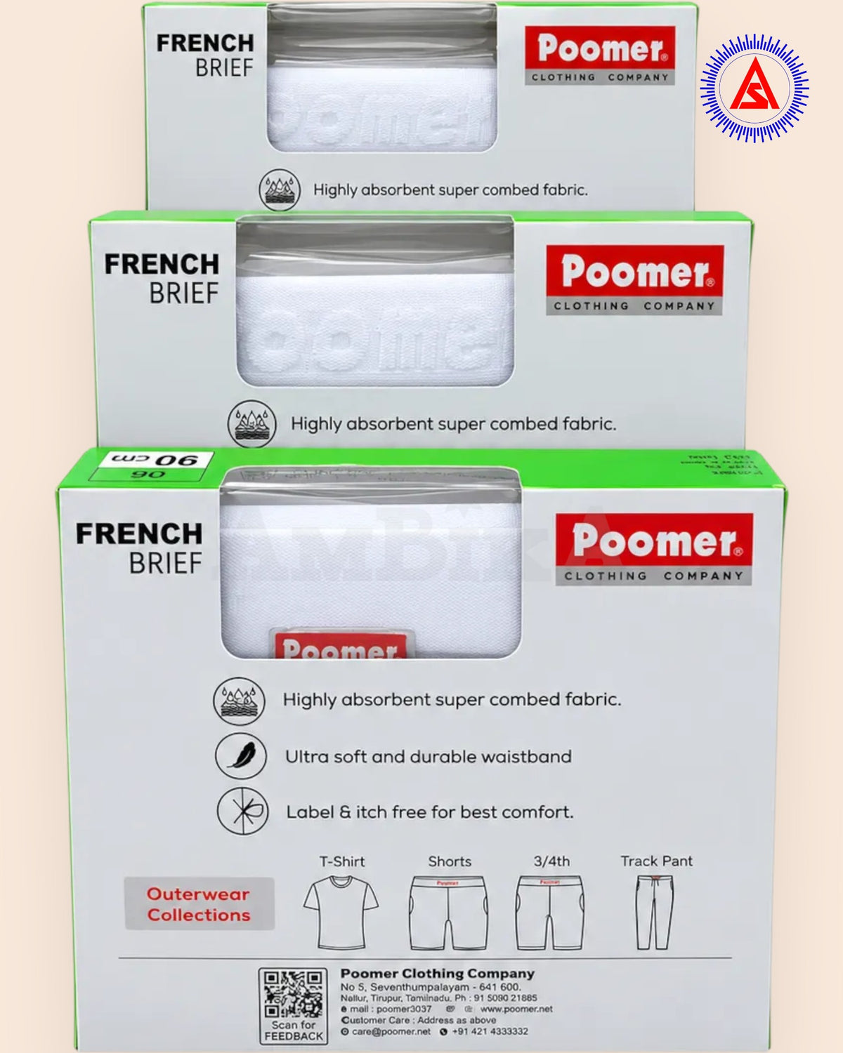 Poomer white French brief retail boxes