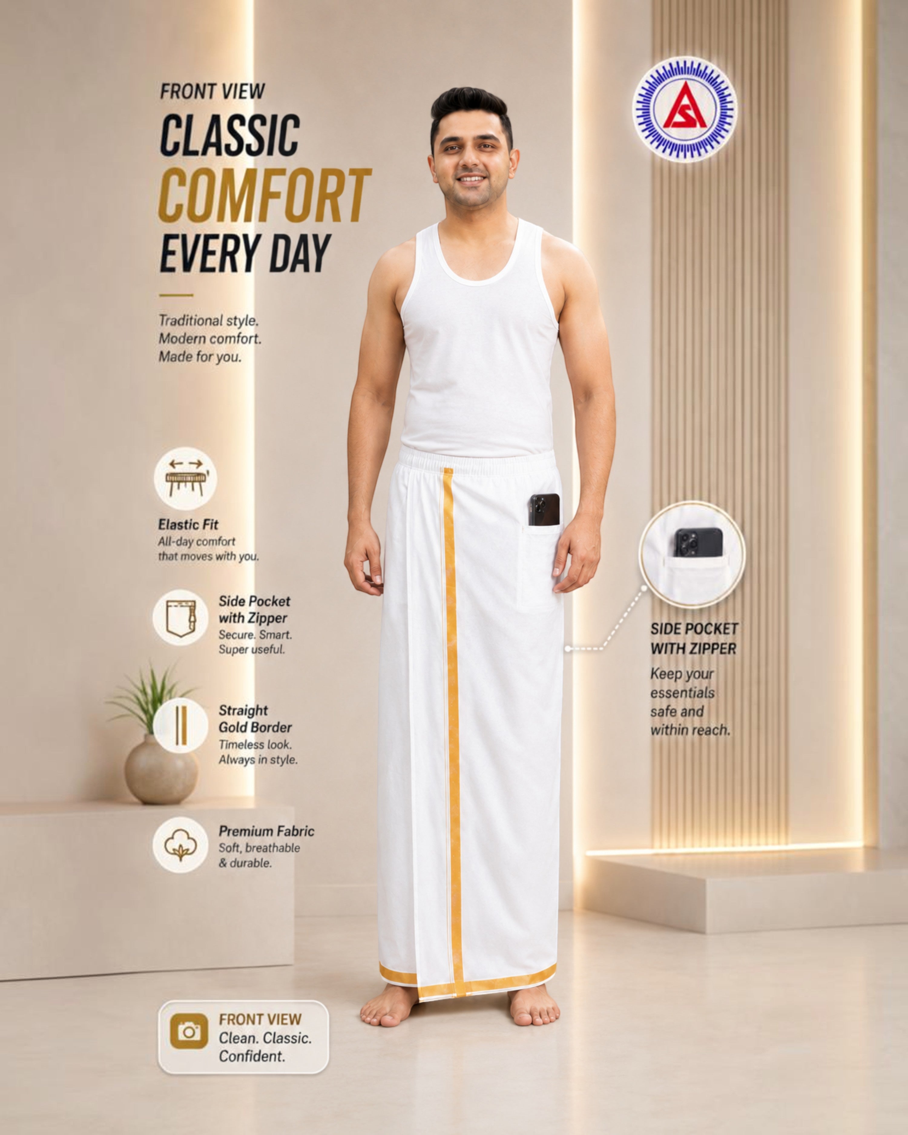 Insta Dhoti for Men – Ready-to-Wear White Dhoti with Gold Border