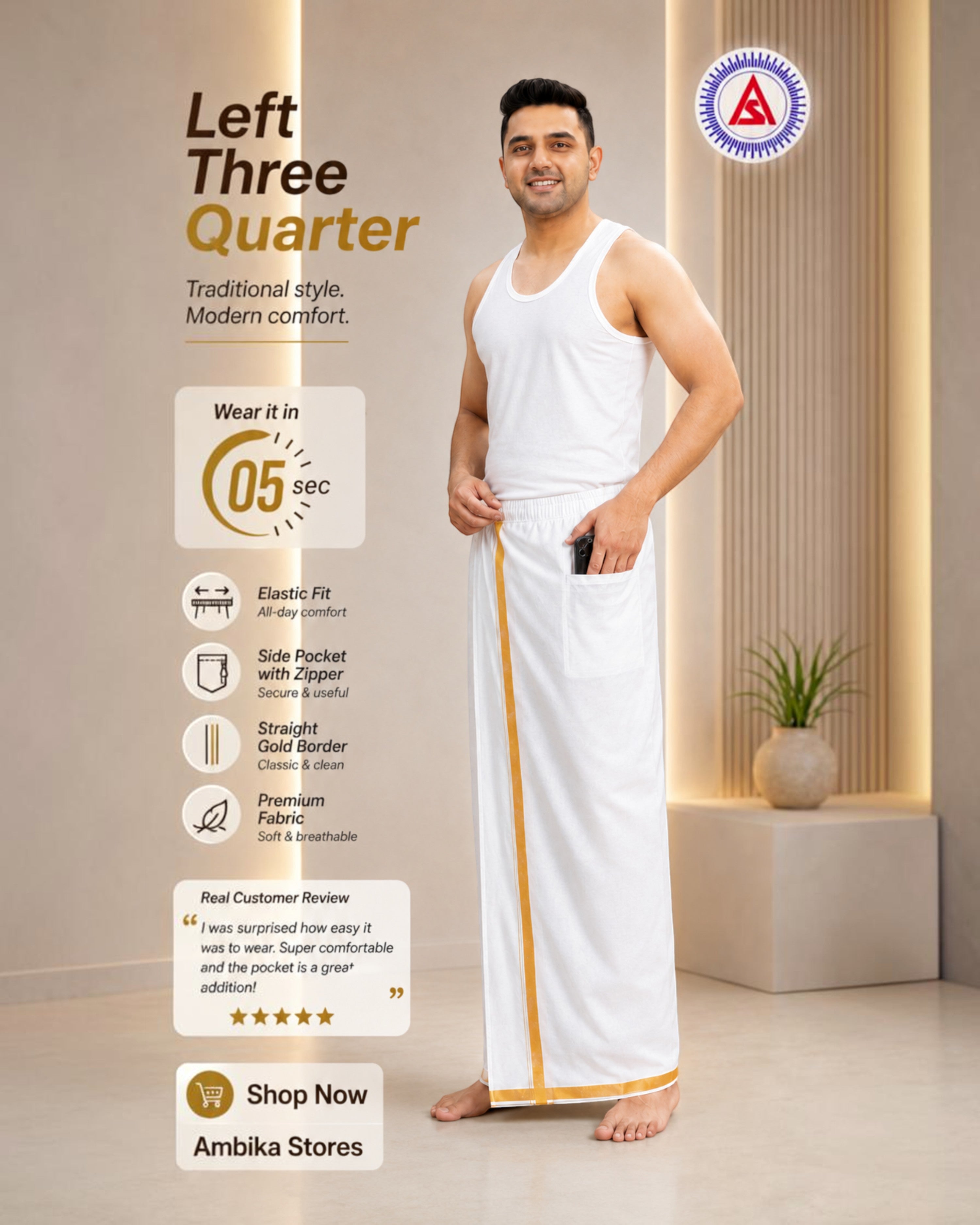 Insta Dhoti for Men – Ready-to-Wear White Dhoti with Gold Border