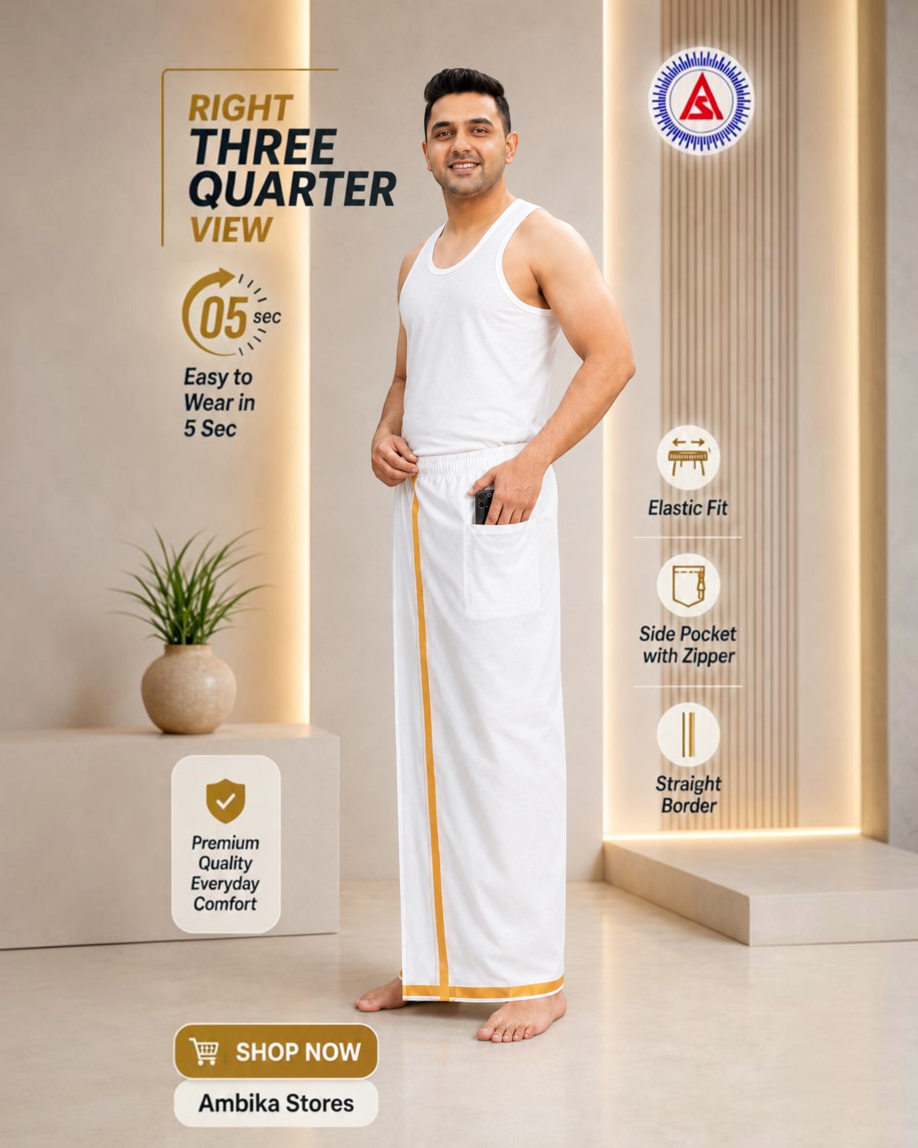 Insta Dhoti for Men – Ready-to-Wear White Dhoti with Gold Border