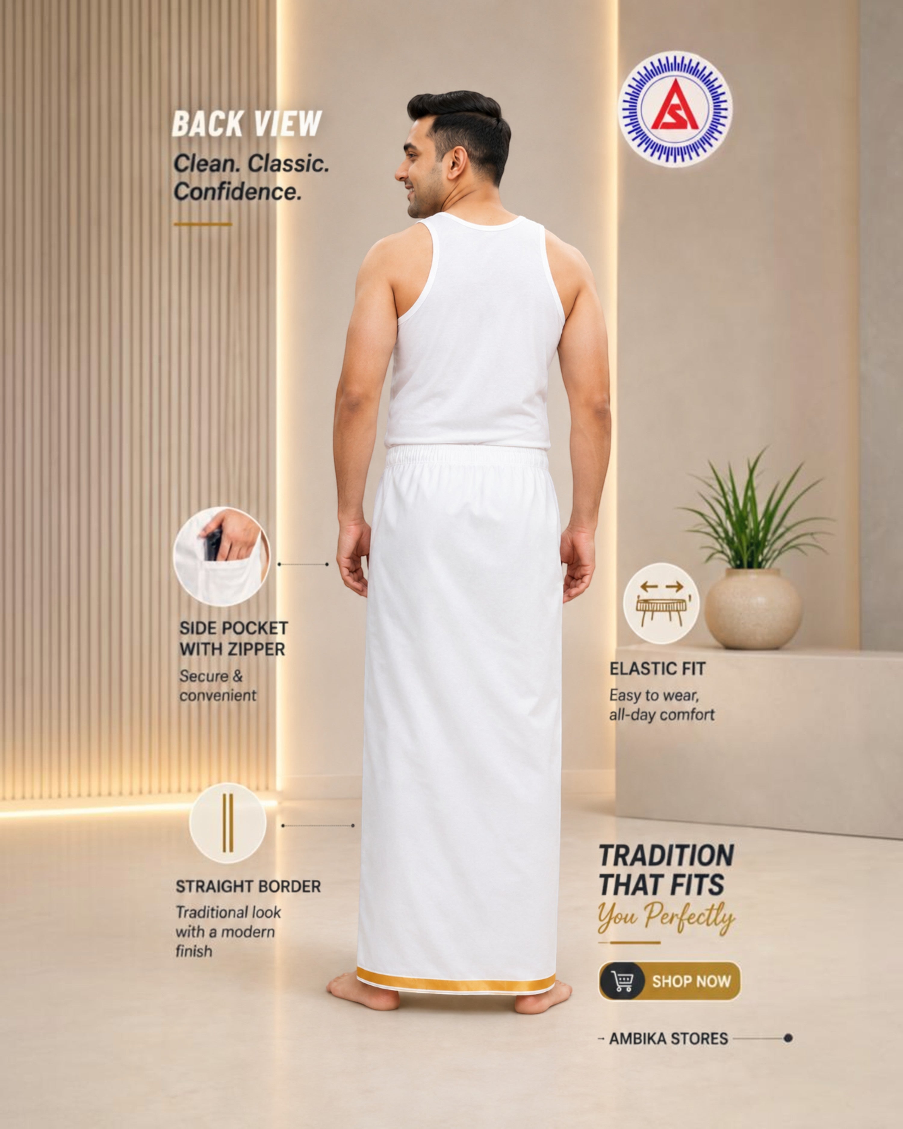 Insta Dhoti for Men – Ready-to-Wear White Dhoti with Gold Border