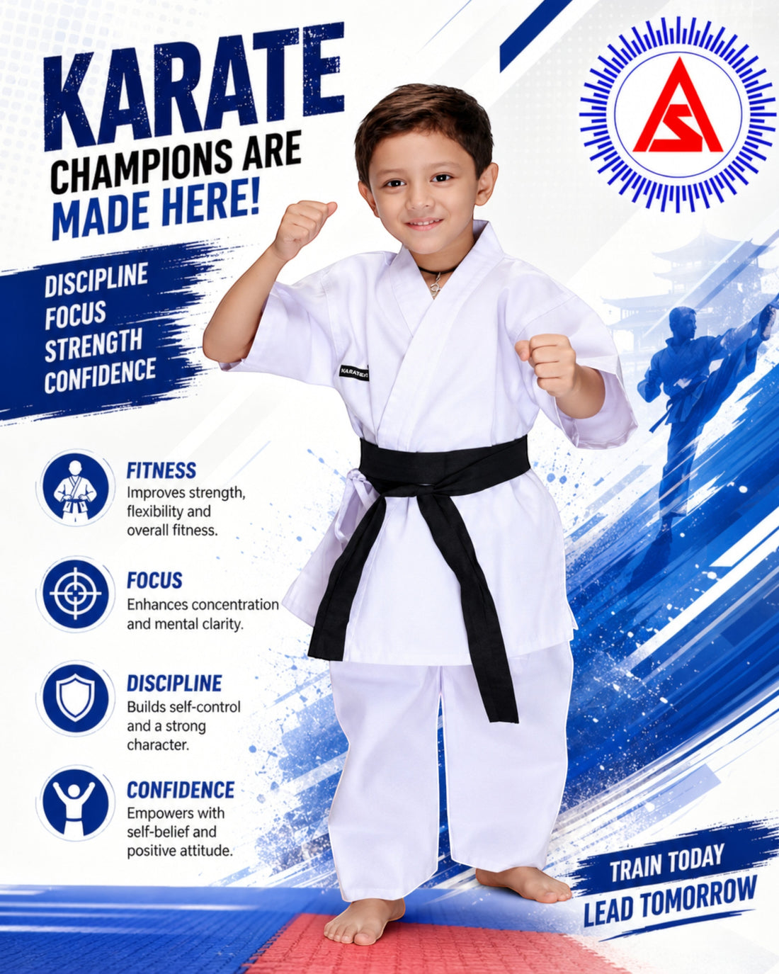 Boy wearing white kids karate costume with black belt in fighting pose