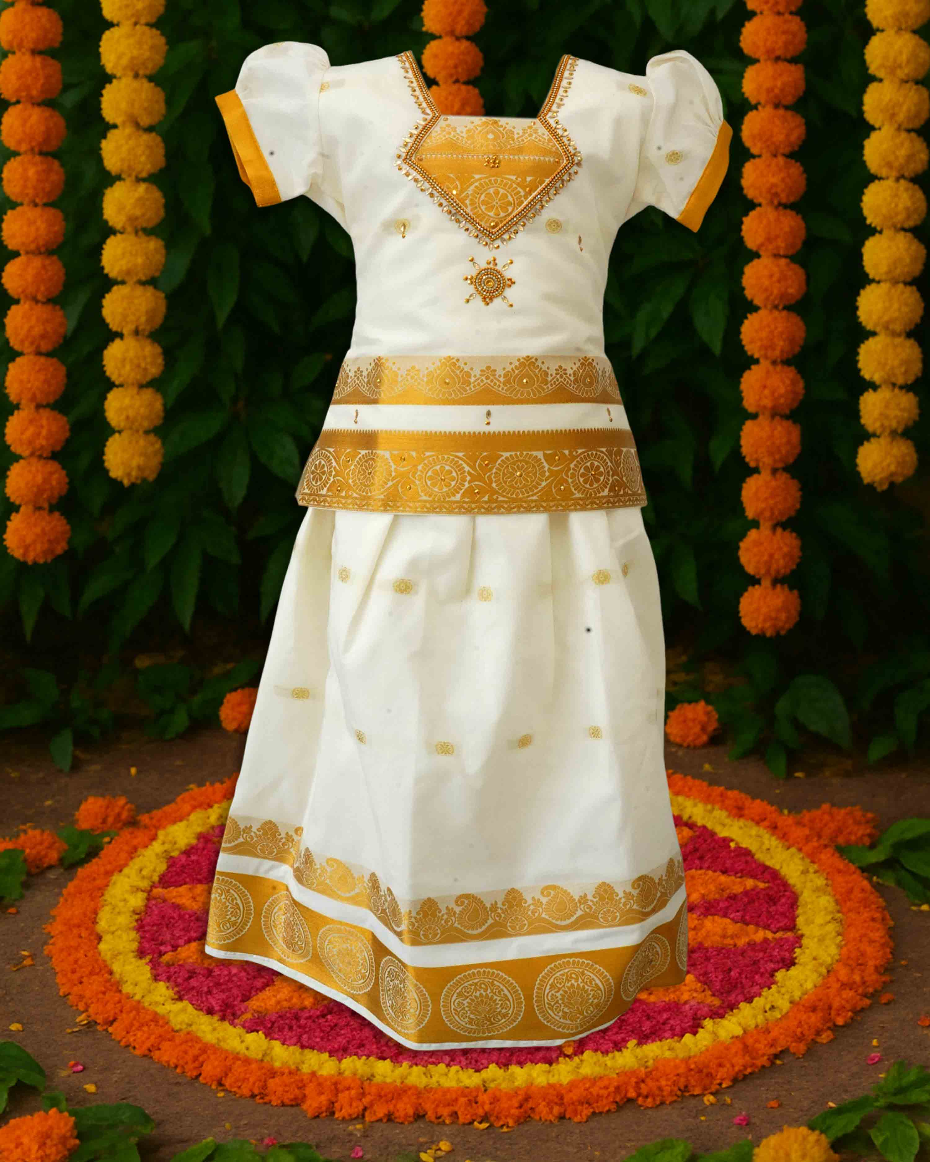 Girls Readymade Kerala Lehenga Choli PATTU PAVADAI Latest Pattu Langa (White Gold)