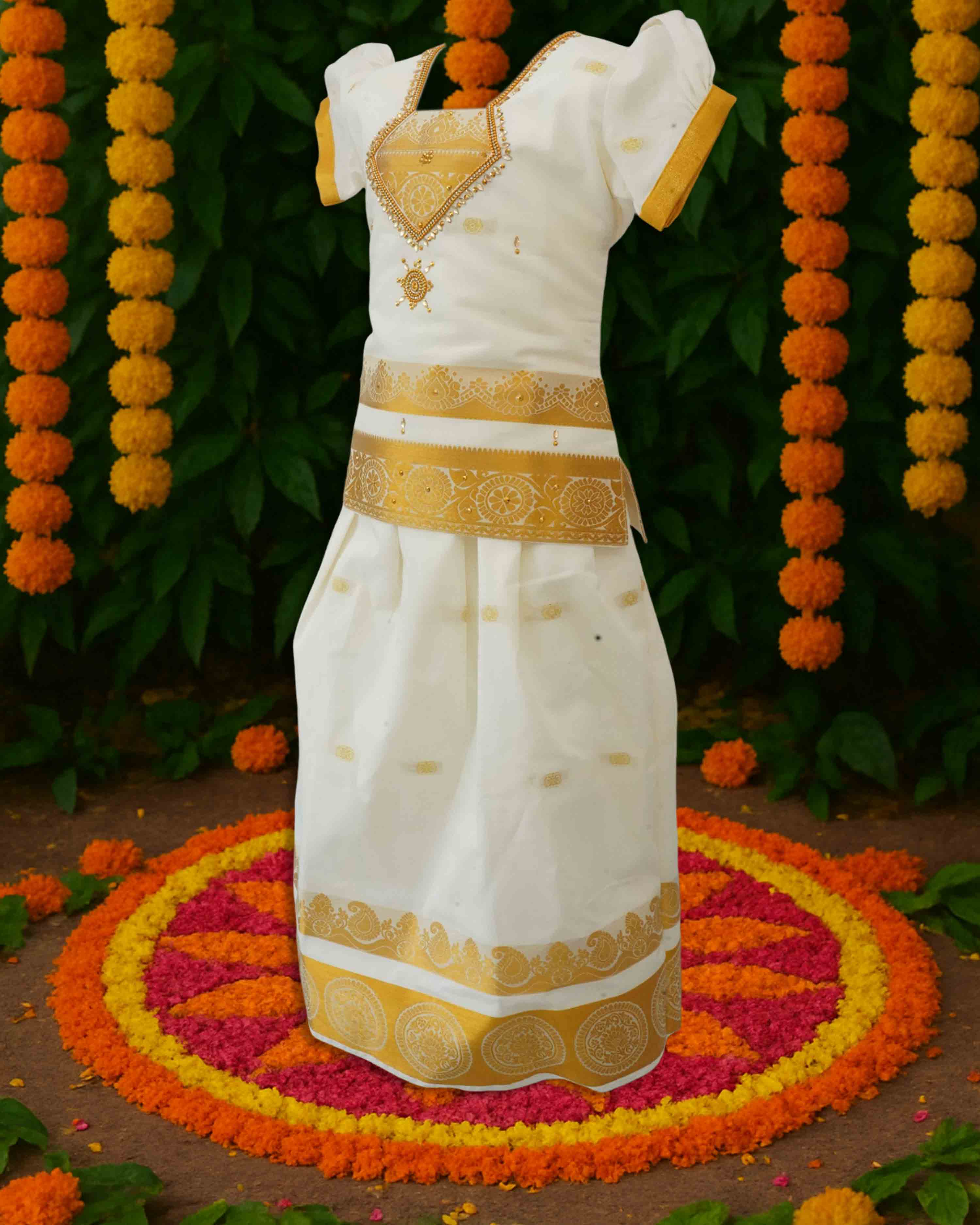 Girls Readymade Kerala Lehenga Choli PATTU PAVADAI Latest Pattu Langa (White Gold)
