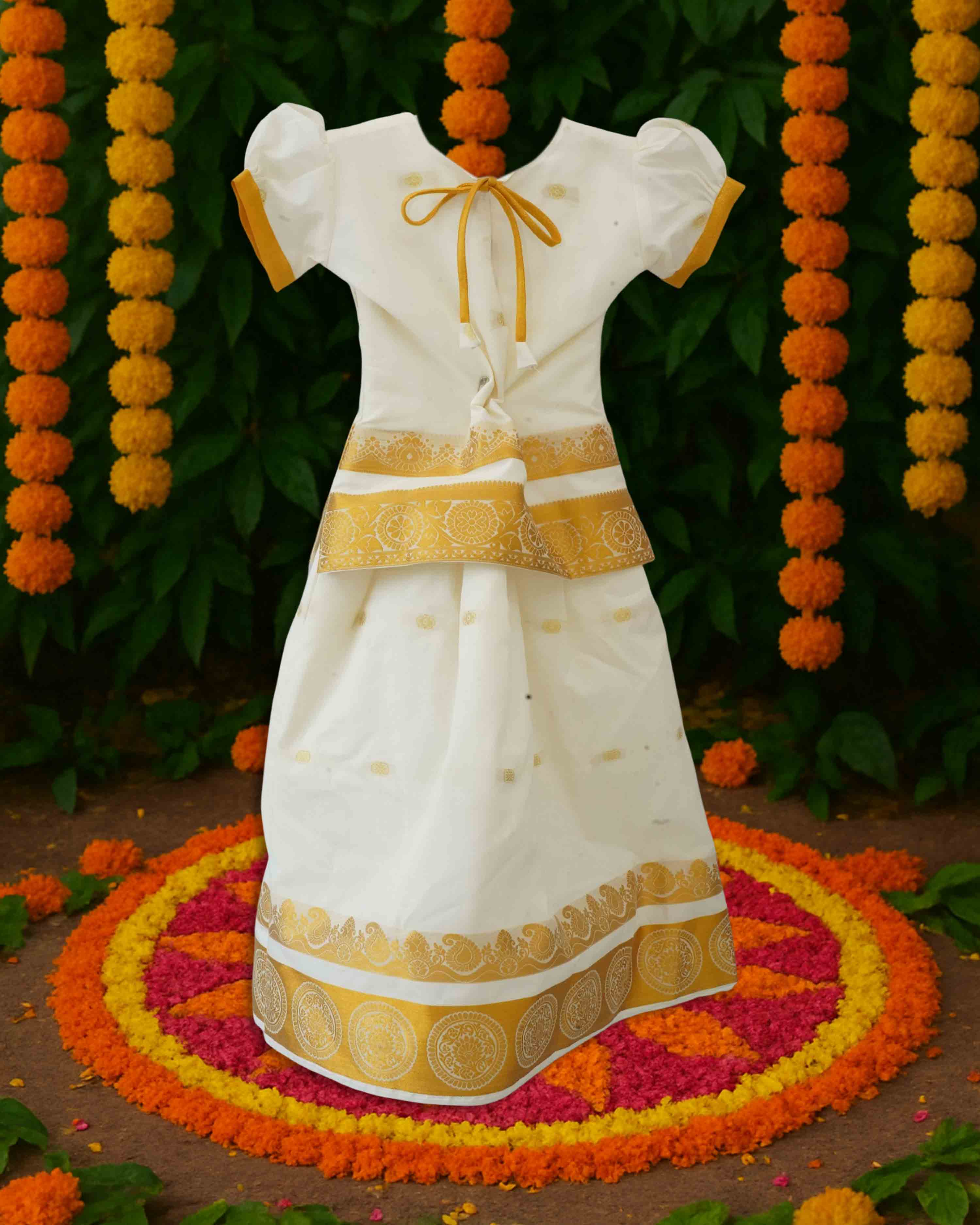 Girls Readymade Kerala Lehenga Choli PATTU PAVADAI Latest Pattu Langa (White Gold)
