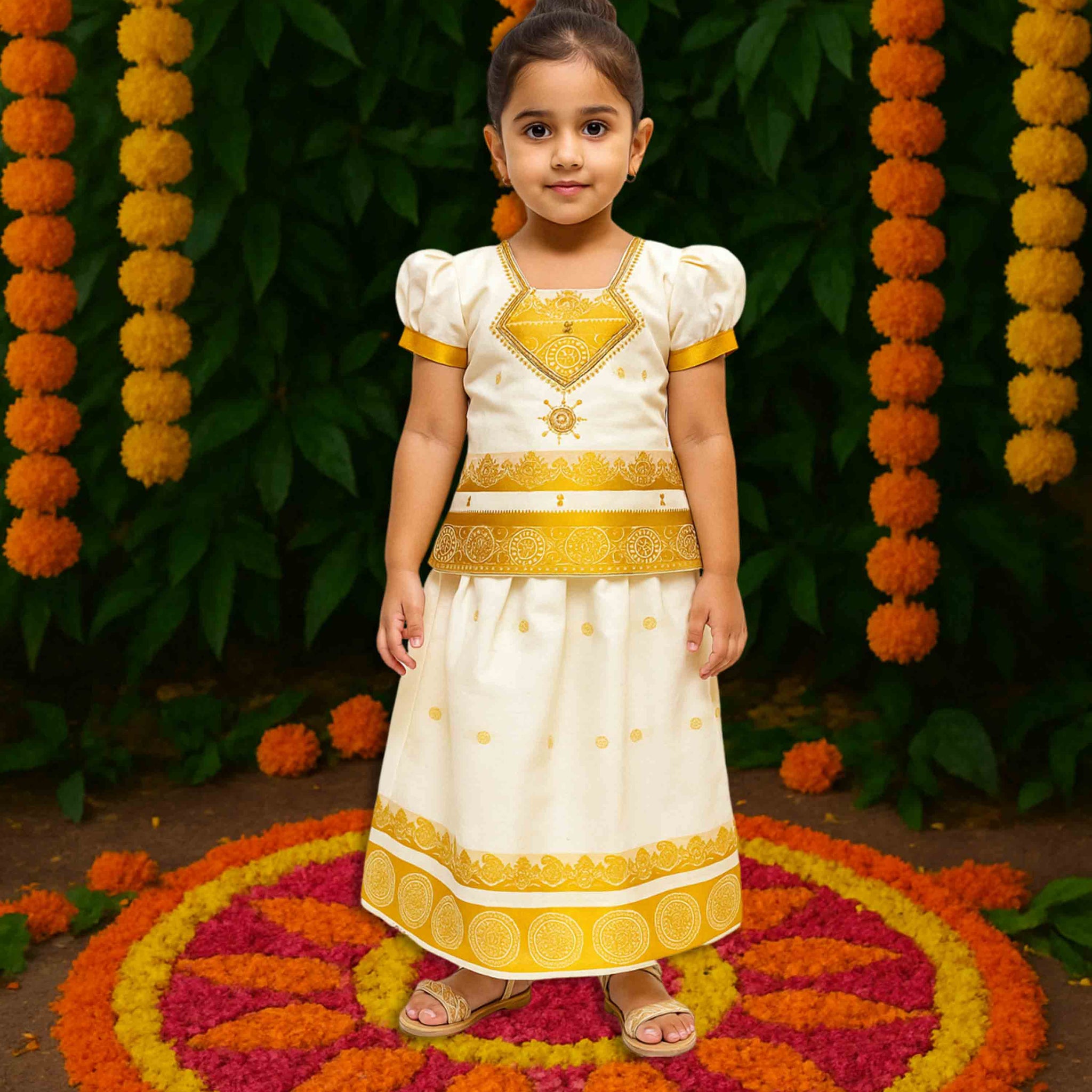 Girls Readymade Kerala Lehenga Choli PATTU PAVADAI Latest Pattu Langa (White Gold)