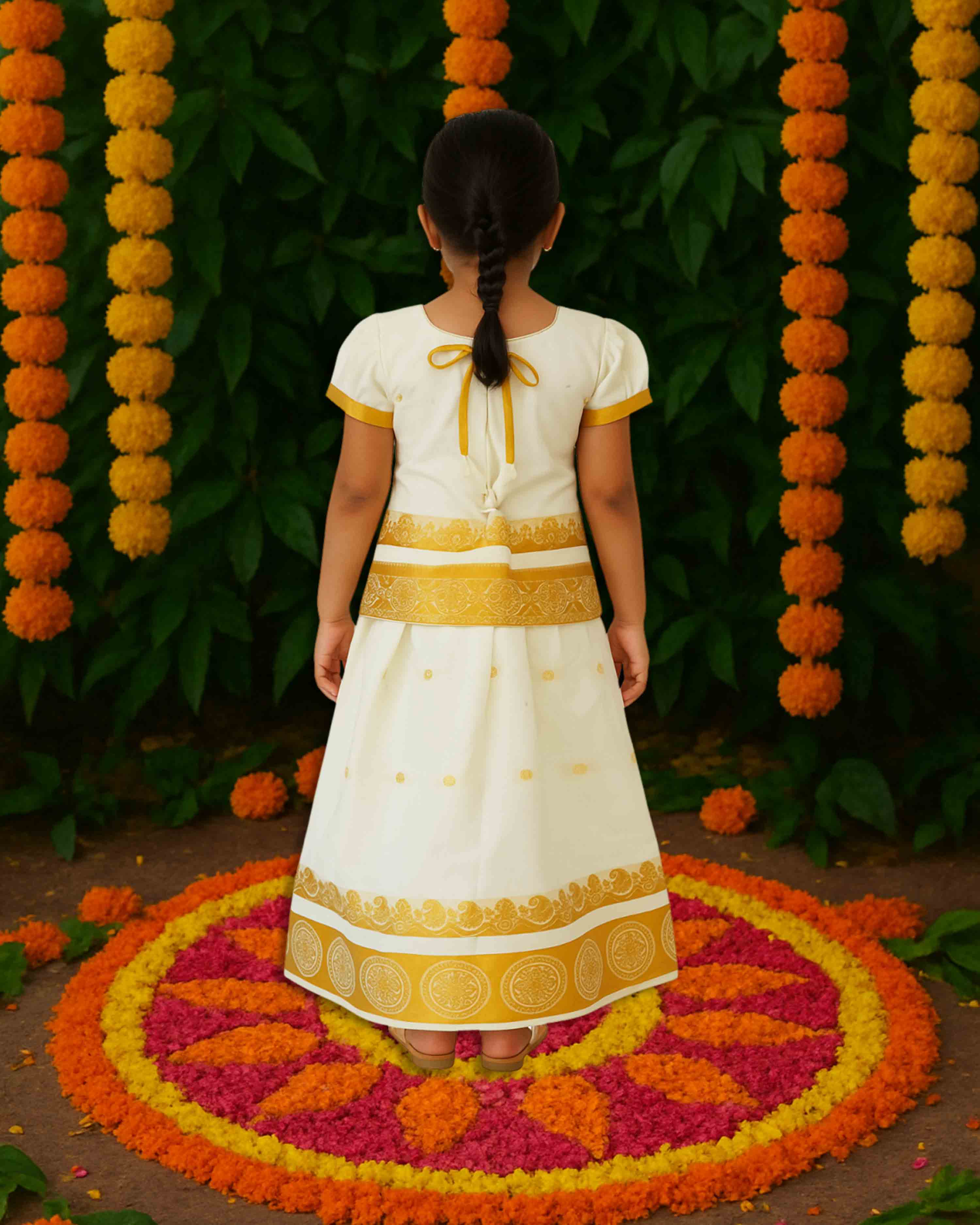 Girls Readymade Kerala Lehenga Choli PATTU PAVADAI Latest Pattu Langa (White Gold)