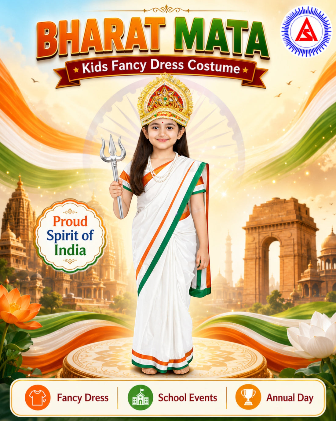 Kids Bharat Mata Fancy Dress Costume for Girls – White Tricolour Saree Look for Patriotic Events