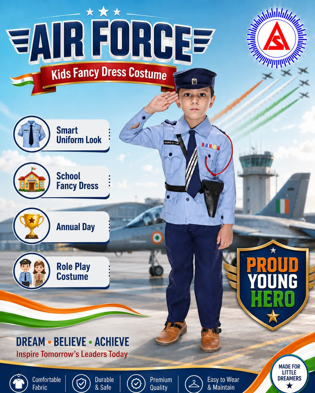 Kids Indian Air Force Fancy Dress Costume – Blue Officer Uniform with Cap, Tie & Trousers for Boys & Girls