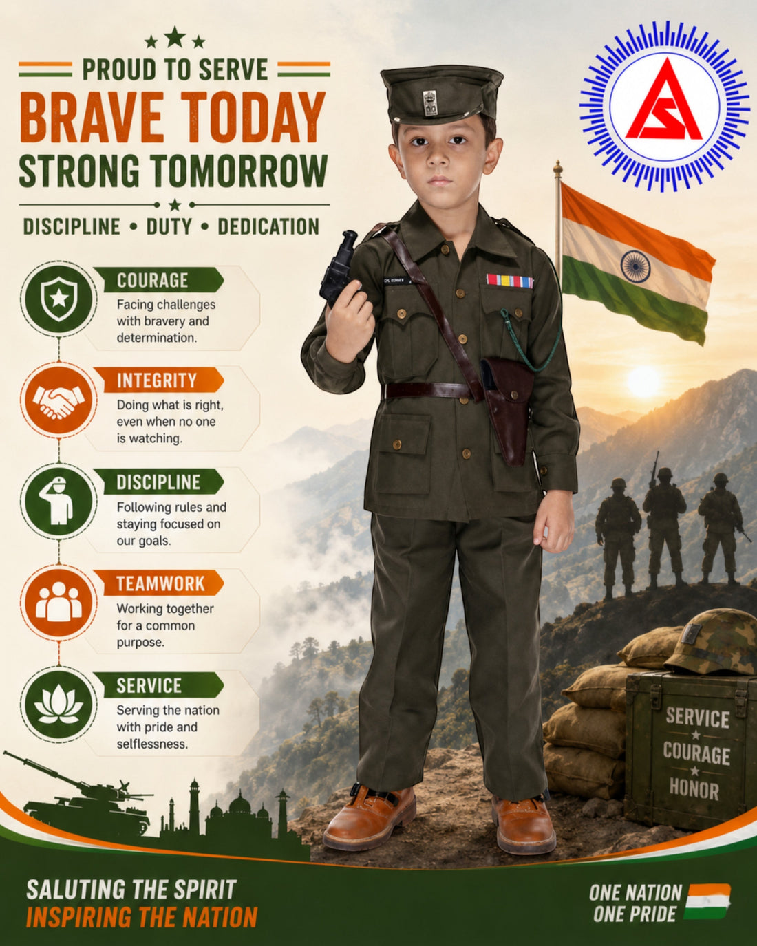 Kids Indian Army Soldier Fancy Dress Costume – Olive Green Military Uniform for Boys & Girls