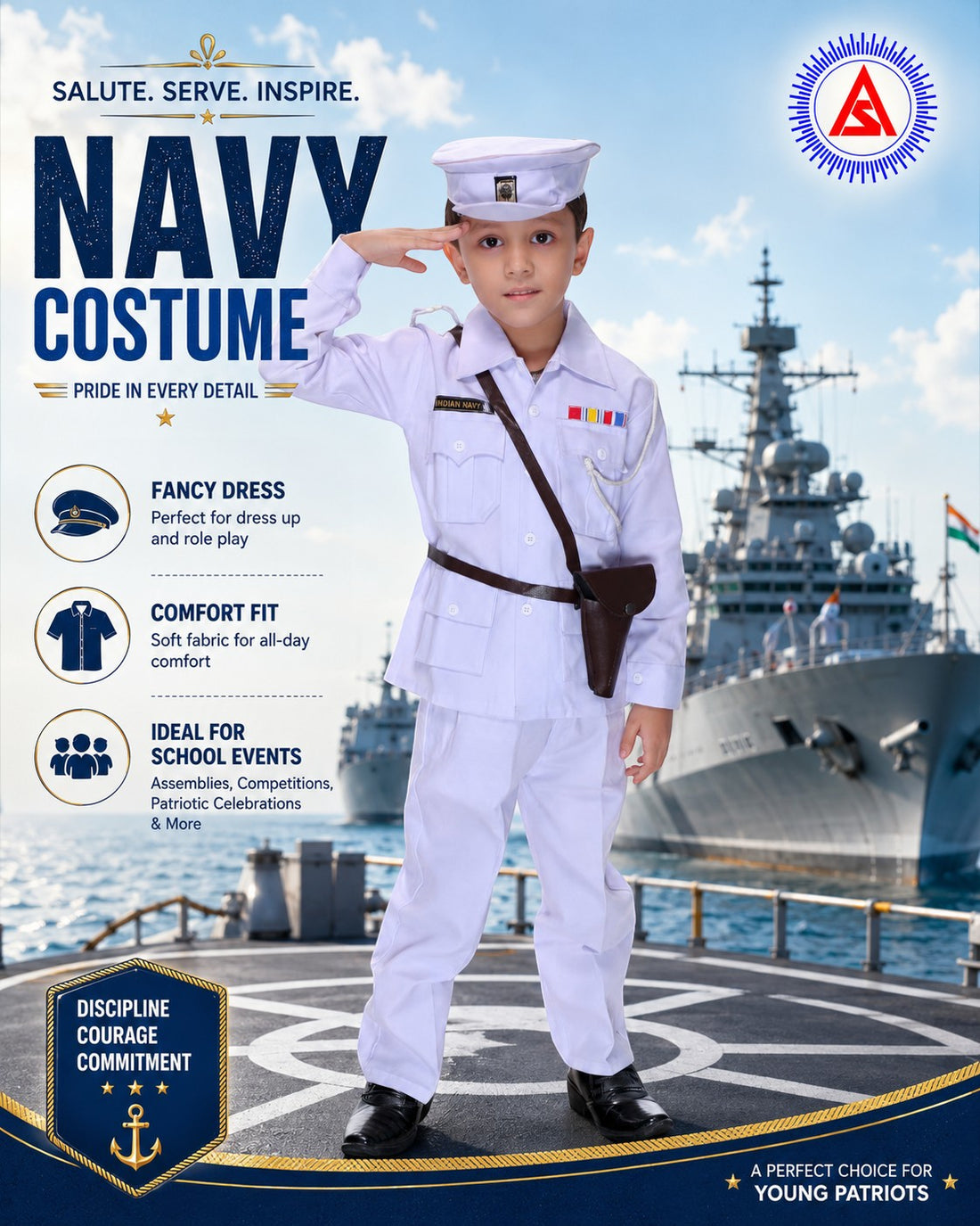 Kids Indian Navy Officer Fancy Dress Costume – White Naval Uniform for Boys & Girls