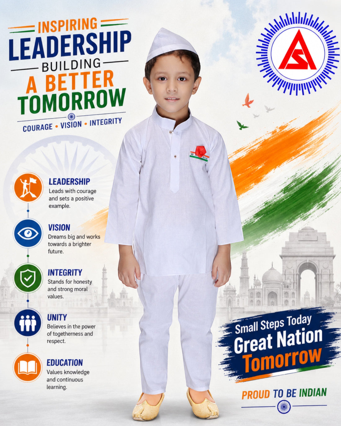 Kids Jawaharlal Nehru Fancy Dress Costume – White Kurta Pajama with Nehru Cap and Rose Look