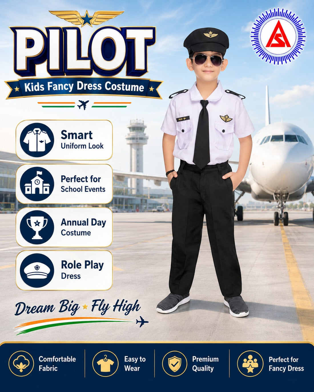 Kids Pilot Fancy Dress Costume – White Aviation Uniform with Cap for Boys & Girls