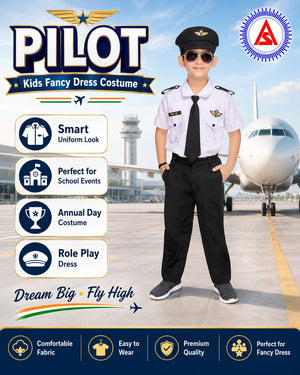 Kids Pilot Fancy Dress Costume – White Aviation Uniform with Cap for Boys & Girls