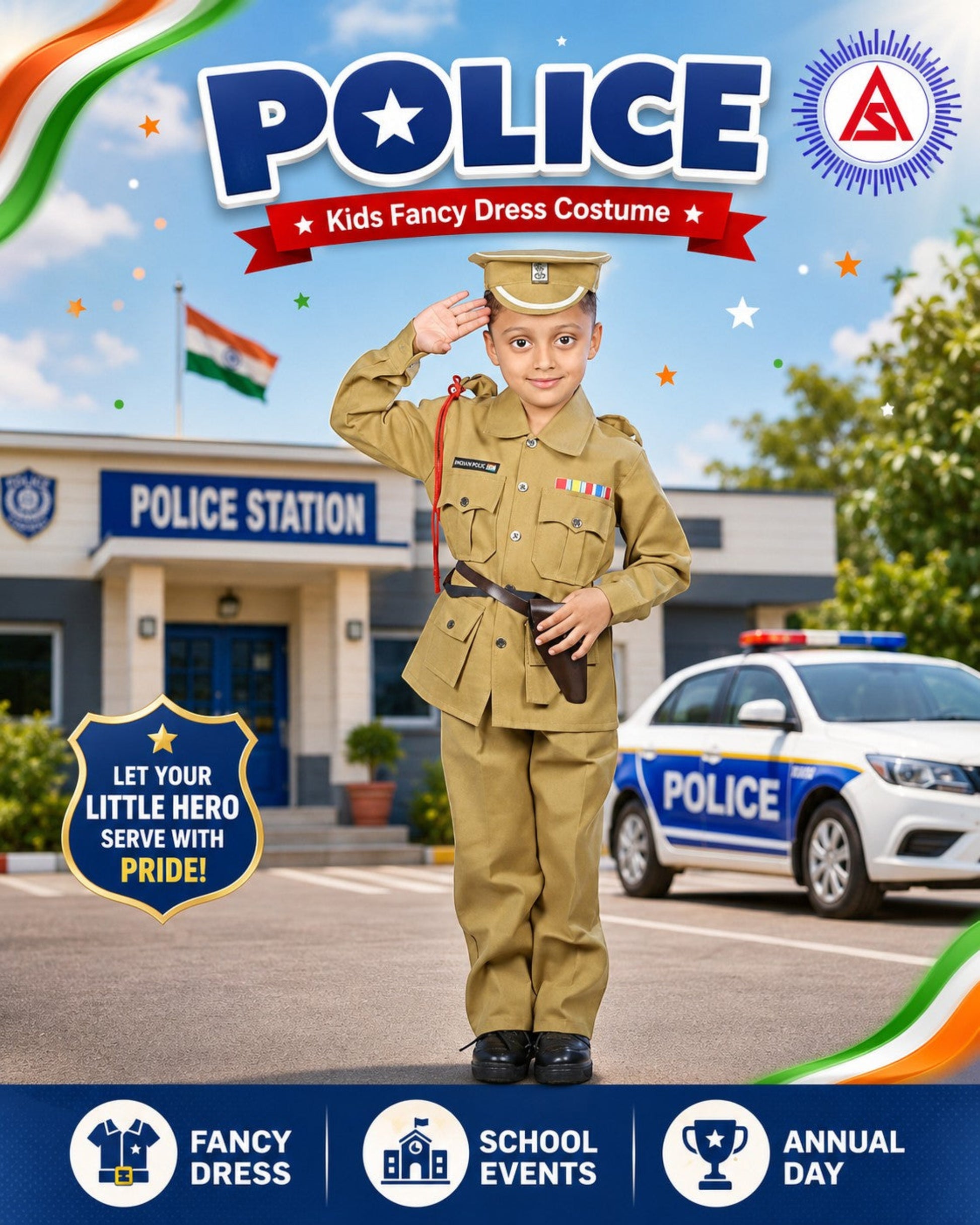 Child wearing khaki police fancy dress costume with officer cap and belt