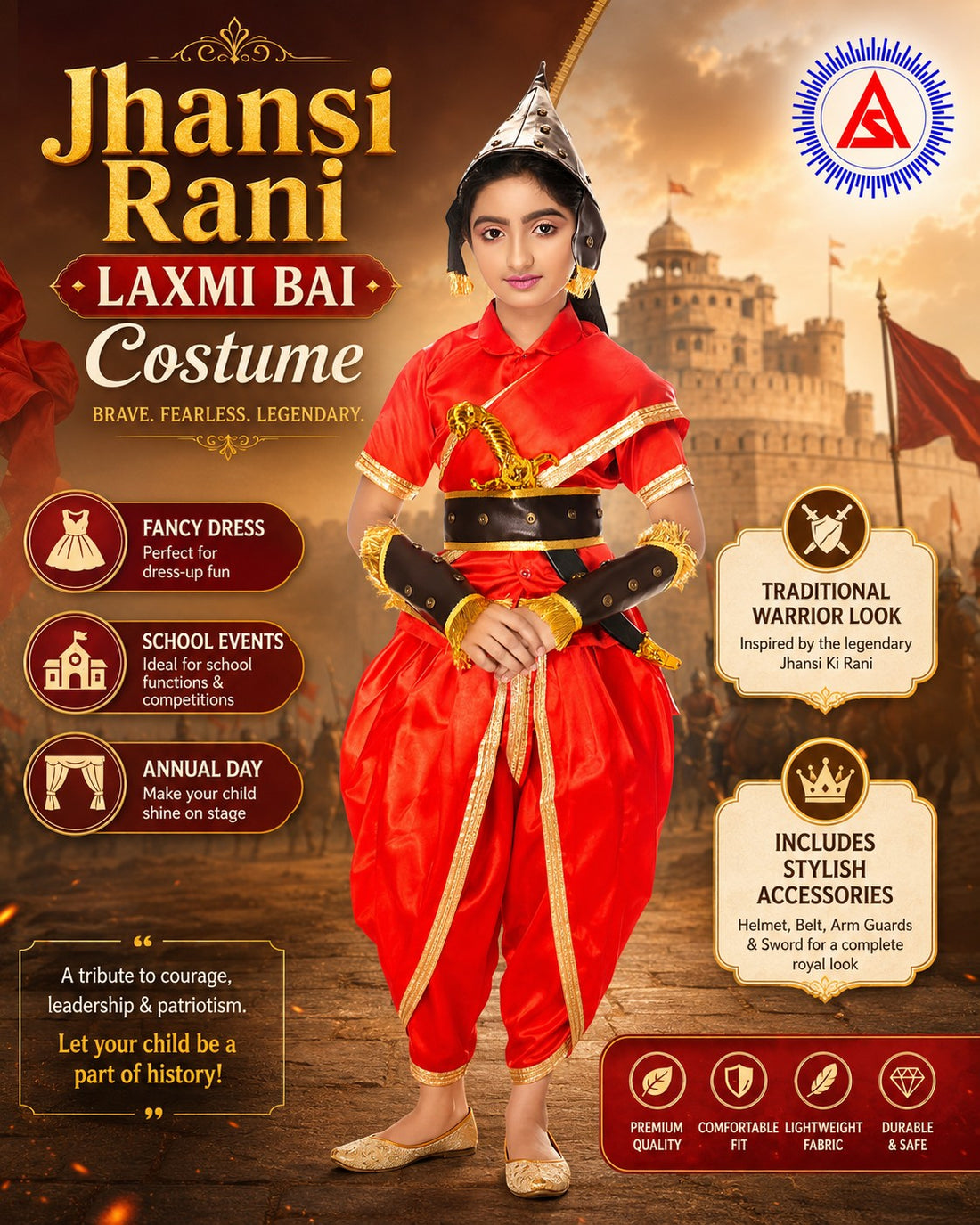 Kids Rani Lakshmi Bai Fancy Dress Costume – Jhansi Ki Rani Warrior Dress for Girls