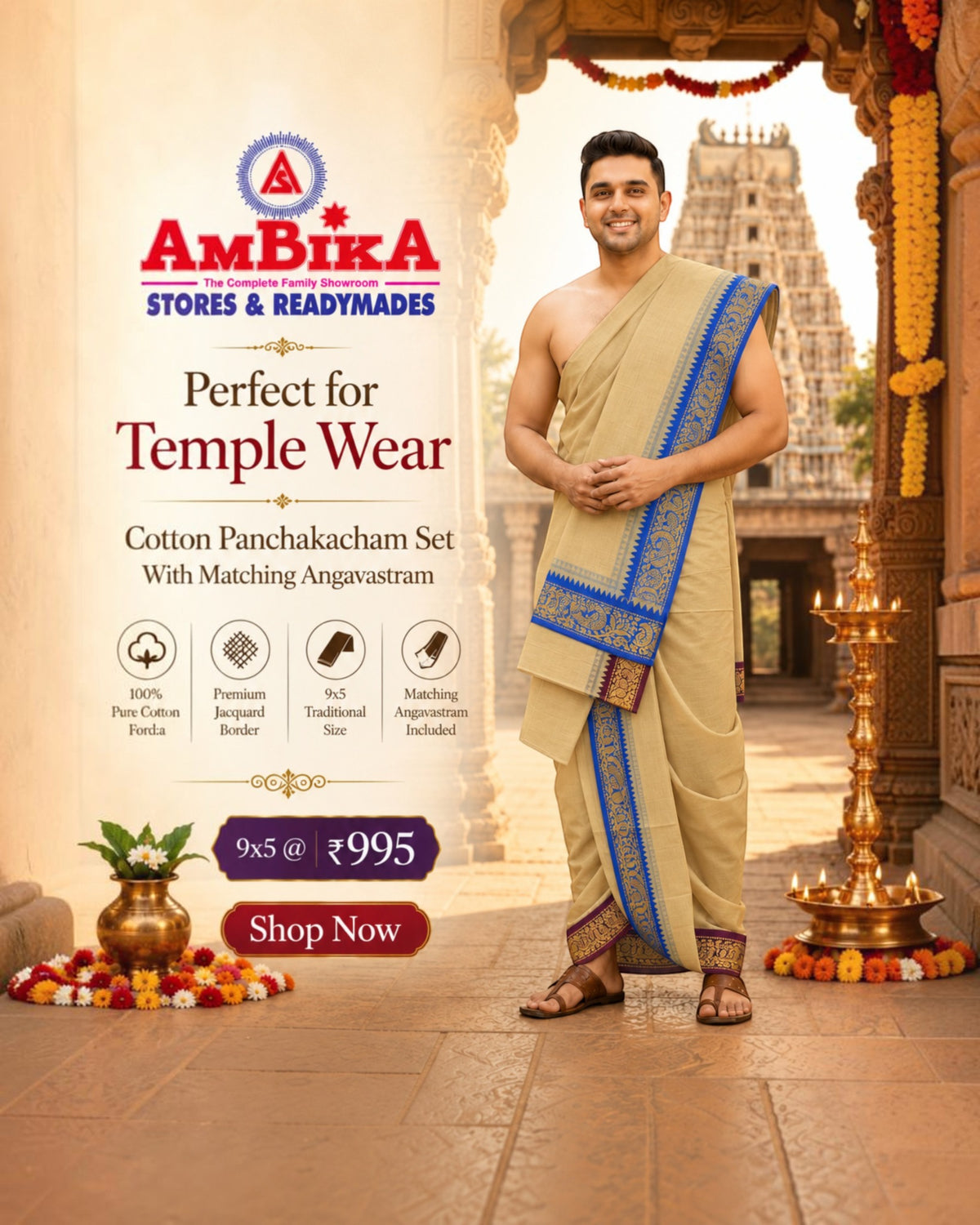 Men wearing light kavi cotton Panchakacham dhoti with matching angavastram for temple wear