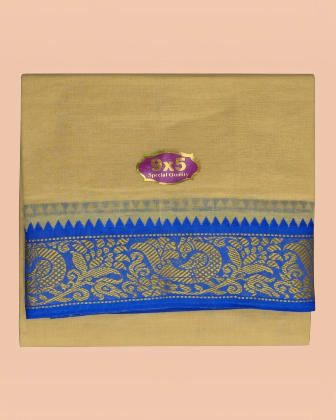 Men wearing light kavi cotton Panchakacham dhoti with matching angavastram for temple wear