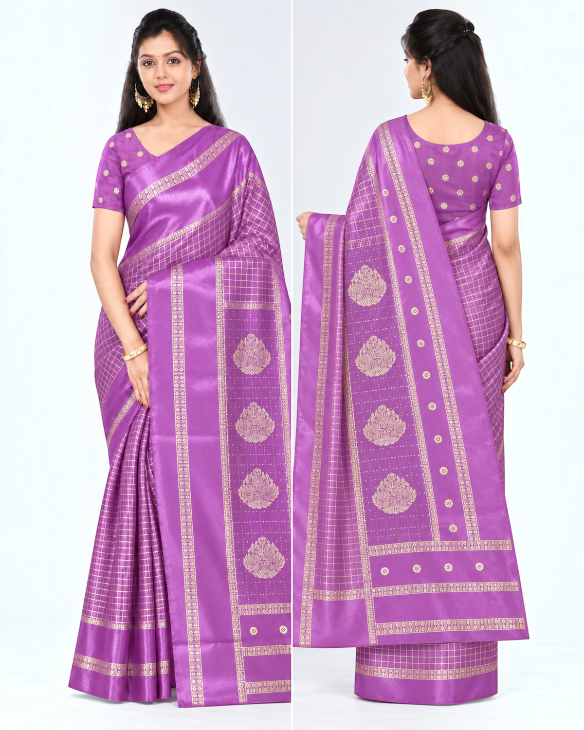 பெண்களுக்கான டர்க்கி சில்க் புடவை மற்றும் பிளவுஸ் பீஸ் – லைட் ஆர்க்கிட் பர்பிள் கோல்ட் செக்ஸ் | பாரிஸ் பியூட்டி