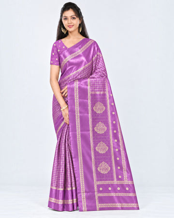 பெண்களுக்கான டர்க்கி சில்க் புடவை மற்றும் பிளவுஸ் பீஸ் – லைட் ஆர்க்கிட் பர்பிள் கோல்ட் செக்ஸ் | பாரிஸ் பியூட்டி