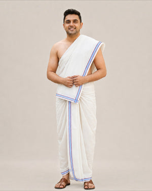 Men’s Cotton Panchakacham 9×5 – Small Ice Cream Border Dhoti & Towel Set