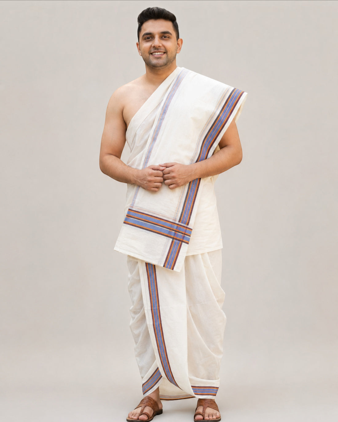 Men’s Cotton Panchakacham 9×5 with Big Ice Cream Border – Unbleached Off-White Dhoti & Towel Set, Dhoti 4 m, Towel