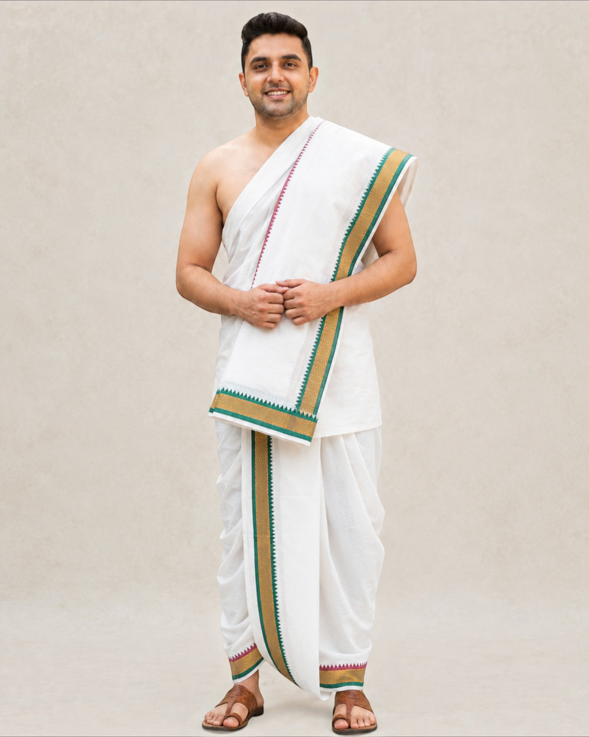 Men’s Cotton Panchakacham 9×5 with Mayilkan Border – Unbleached Off-White Dhoti and Towel Set, Dhoti 4 m, Towel