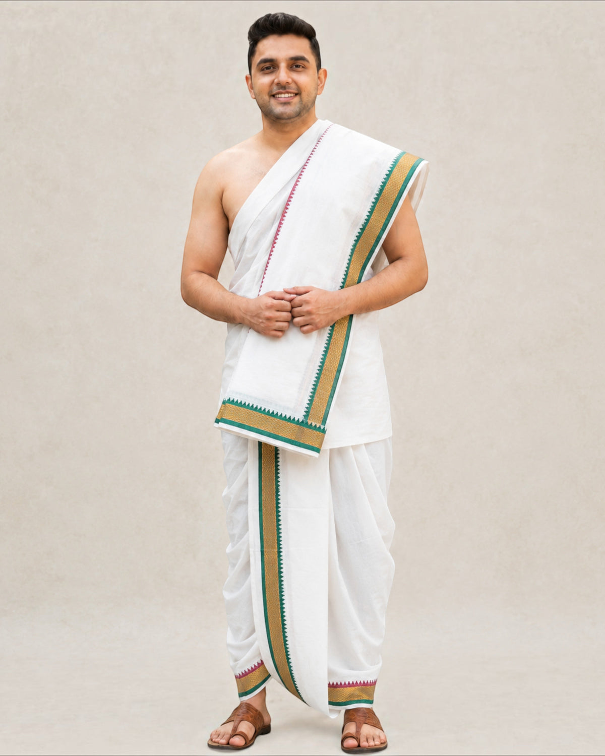 Men’s Cotton Panchakacham 9×5 with Mayilkan Border – Unbleached Off-White Dhoti and Towel Set, Dhoti 4 m, Towel