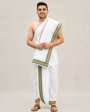 Men’s Cotton Panchakacham 9×5 with Mayilkan Border – Unbleached Off-White Dhoti and Towel Set, Dhoti 4 m, Towel 2.2 m