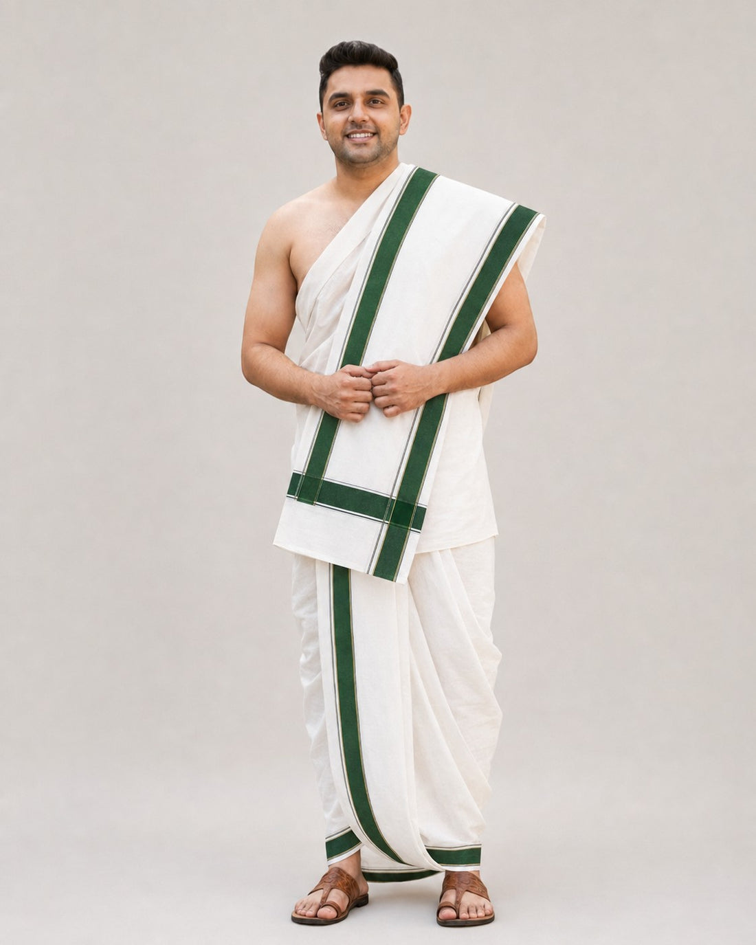 Men's Traditional Cotton Panchakacham 10×6 Dhoti & Angavastram Set – White with Dark Green Cotton Border | 4.5 m