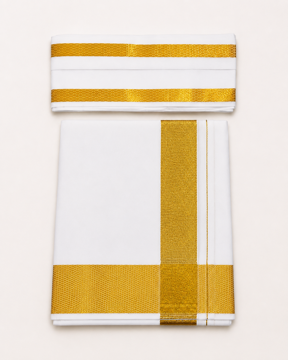Men's white cotton dhoti with big gold zari border and matching 1.8 metre angavastram