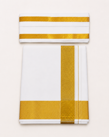 Men's white cotton dhoti with big gold zari border and matching 1.8 metre angavastram
