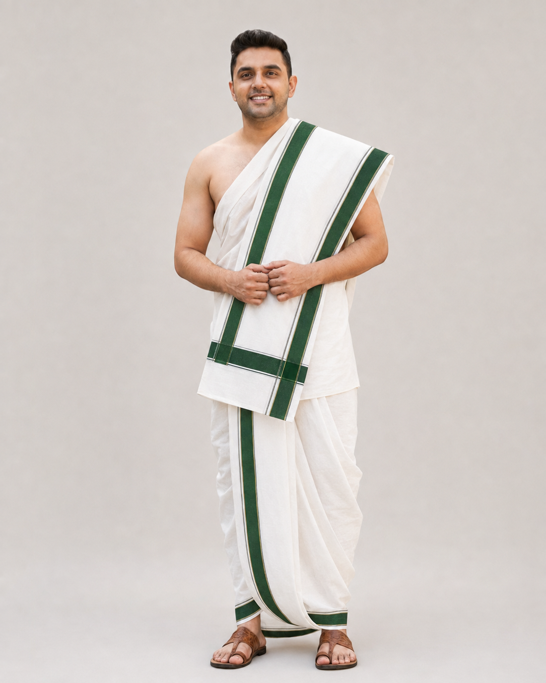 Men's traditional white cotton Panchakacham 10×6 dhoti with dark green cotton border and matching angavastram