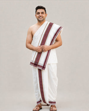 Men's Traditional Cotton Panchakacham 10×6 Dhoti & Angavastram Set – White with Maroon Cotton Border | 4.5 m Dhoti + 2.7 m Angavastram
