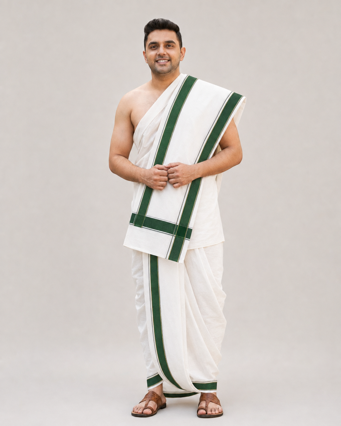 Men’s white cotton blend Panchakacham 9×5 with green border