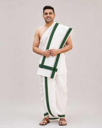 Men’s white cotton blend Panchakacham 9×5 with green border