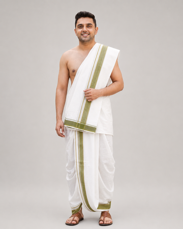Men’s white cotton blend Panchakacham 9×5 with parrot-green border