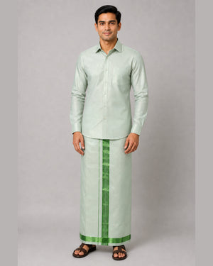 Men’s Tissue Full Sleeve Shirt & Jari Single Dhoti Set (2-in-1) – Mint Green with Emerald Border