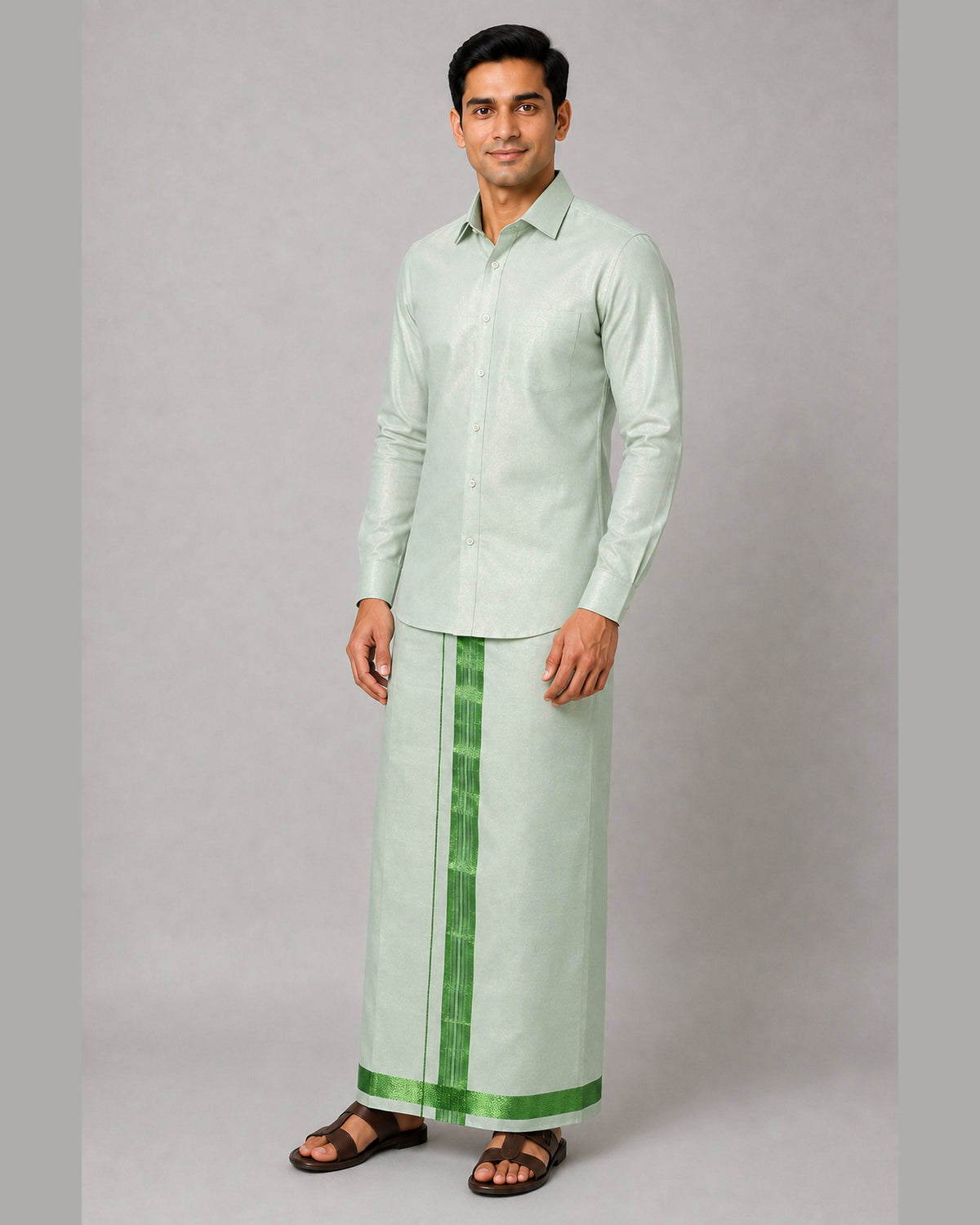 Men’s mint green tissue shirt and single dhoti set with emerald green jari border, model view 5 – Ambika Stores