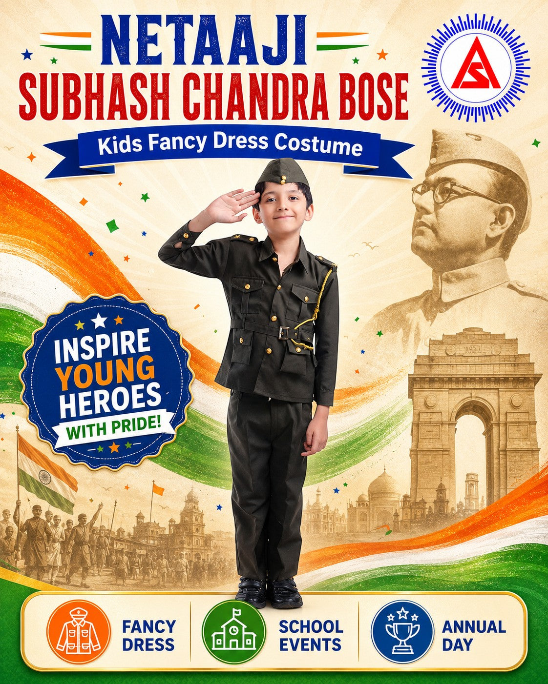 Boy wearing Netaji Subhash Chandra Bose black fancy dress costume and cap